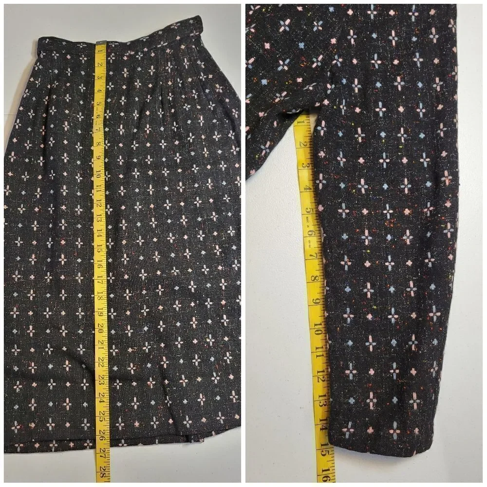 60s Vintage Handmade Tailored Wool Matching Skirt Suit Set Black with Pink Blue